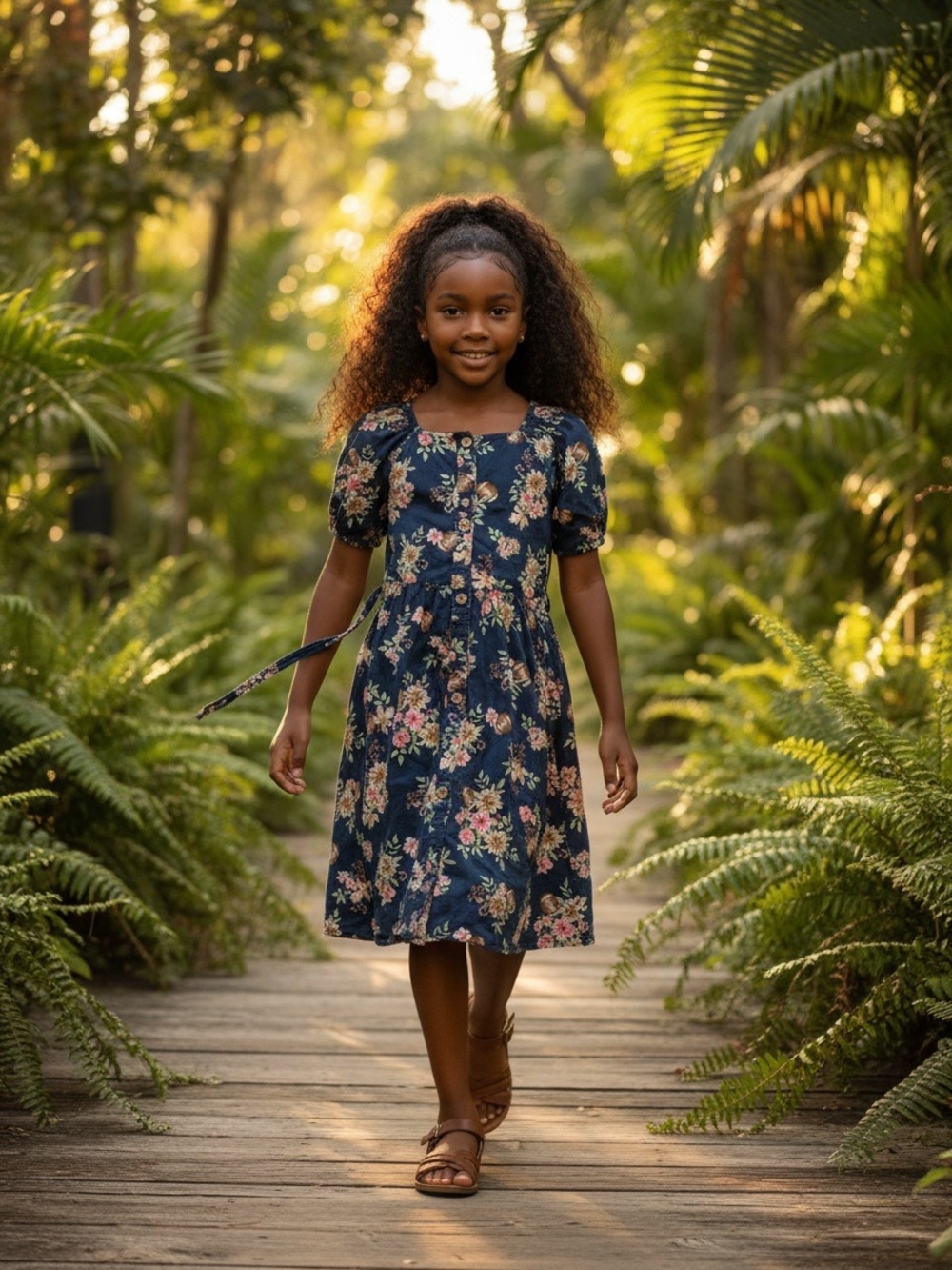 Girls Navy Floral Button-Front Dress with Tie Waist Size 10/12